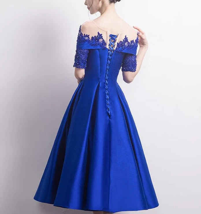 Luolandi Charming Lace and Satin Prom Dress New Tea Length Bridesmaid Dress Short Sleeves Elegant Cocktail Dress Evening Dress